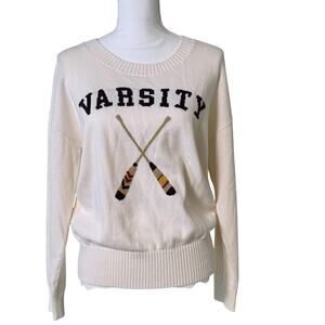 LOFT Varsity Sweater Cream Cotton Graphic Crewneck Pullover Size L NWT